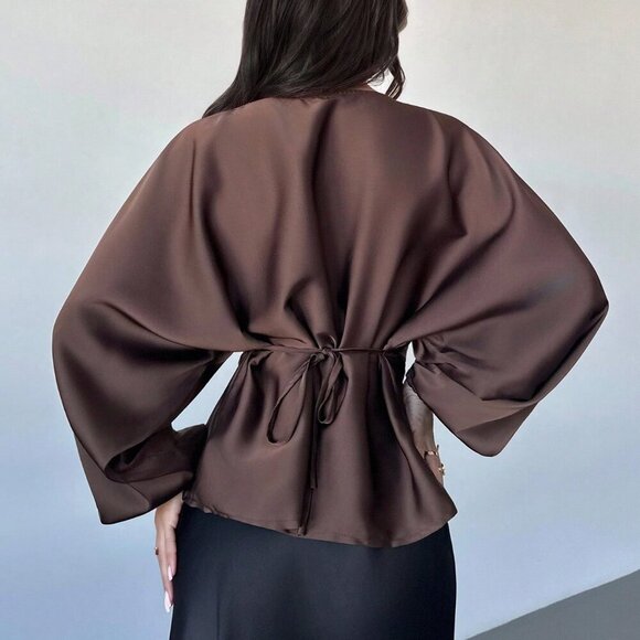 Brown Elegant Women's Romantic Coffee Round Neck blouse - Picture 2 of 7